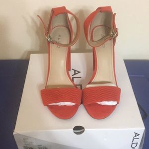 ALSO Burnt orange open toe 3.5” sandal heels. Soft, suede-like material.